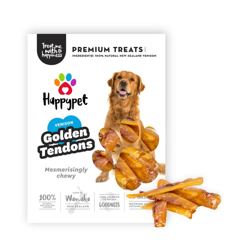 Happypet Golden Tendons natural air dried New Zealand venison dog chews for longer lasting dental enrichment.