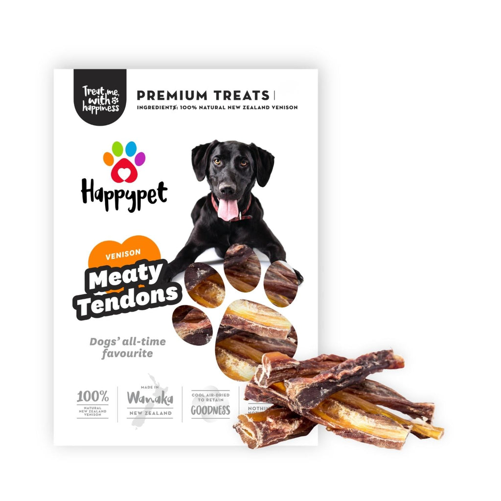Happypet Meaty Tendons natural air dried New Zealand venison dog chews for longer lasting dental enrichment.